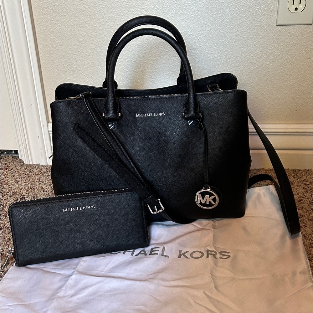 Michael Kors Savannah Black/Silver Satchel and Continental Wallet Set
